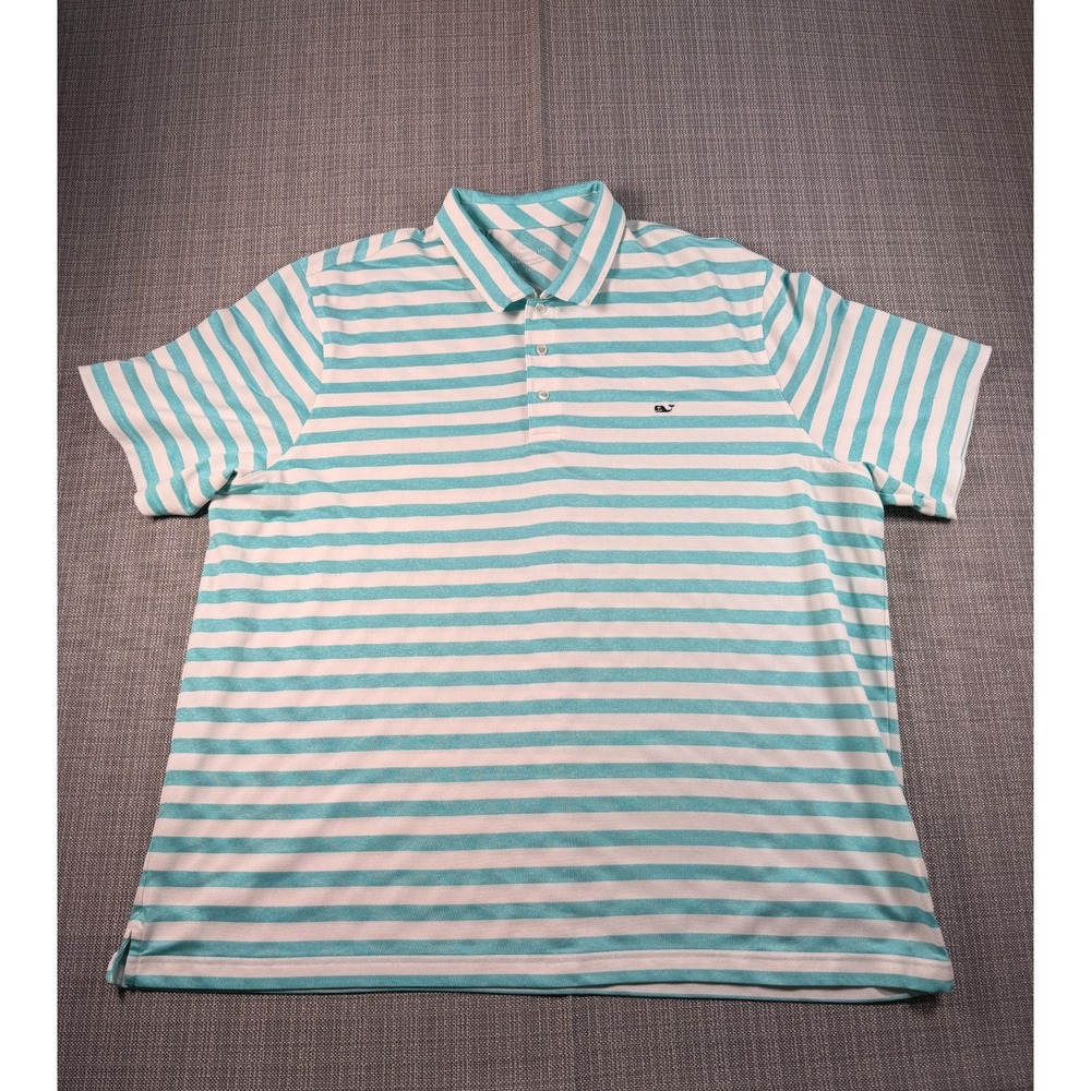 Vineyard Vines‎ Performance Polo Shirt Mens 2XL Striped Beige Blue Golf Tennis
